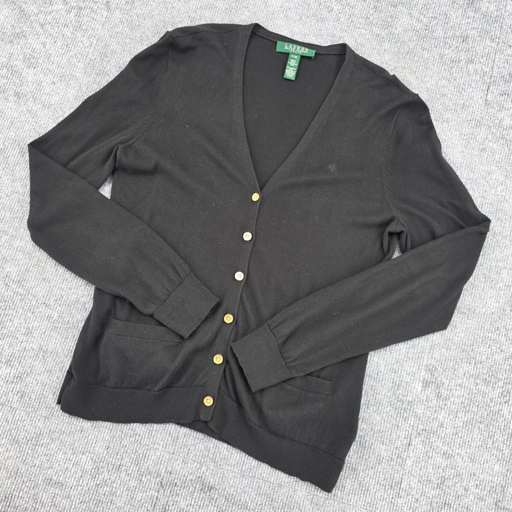 Lauren Ralph Lauren Petite Black Cotton V-Neck Button Cardigan Sweater PM